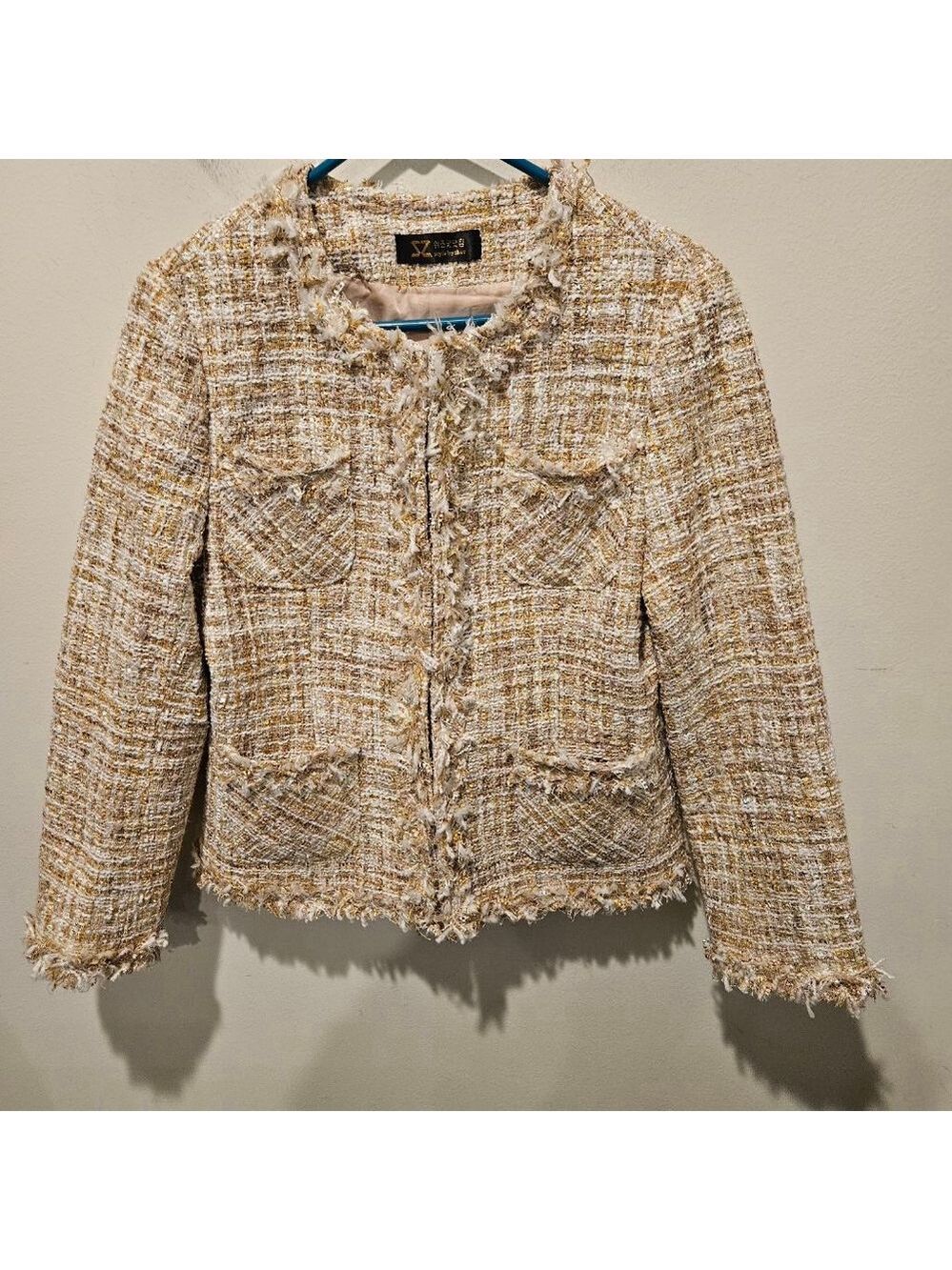 Women's Style by Shez Gold & White Tweed Blazer Jacket